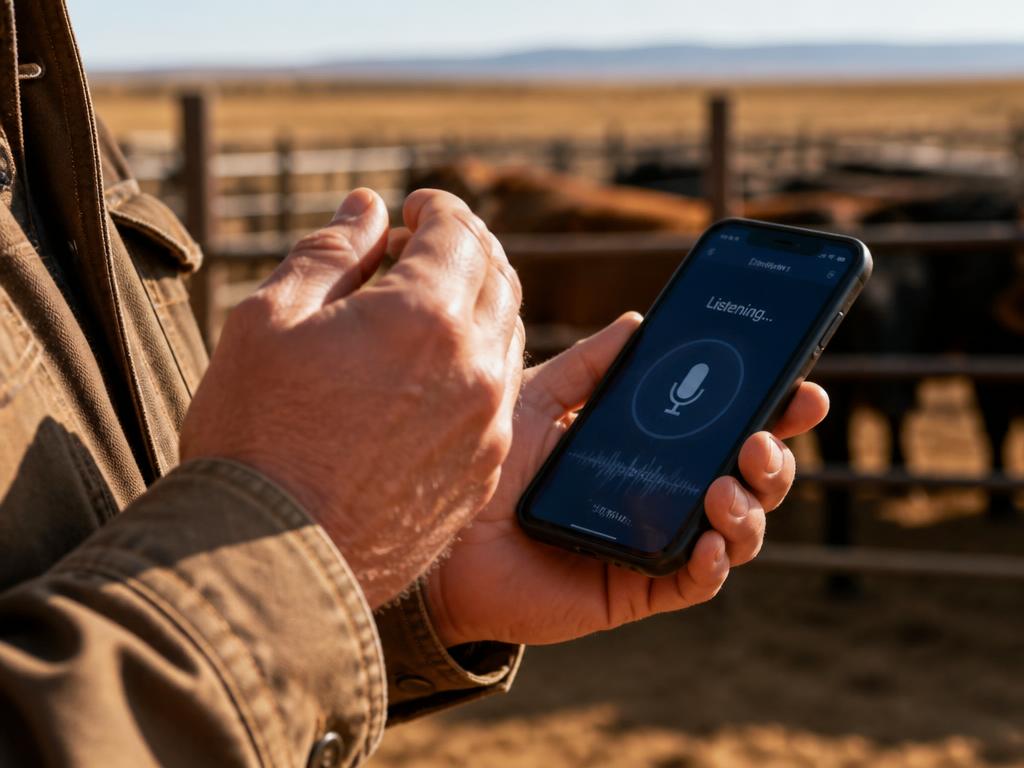 Rancher using voice capture on a smartphone near a cattle pen