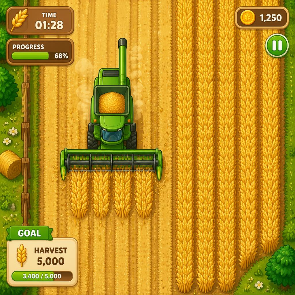Top-down combine harvester arcade game cutting wheat rows