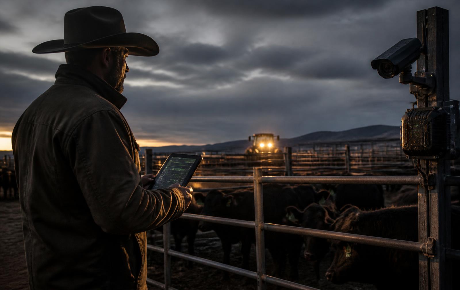 Rancher reviewing operational data on a rugged tablet beside RFID-tagged cattle, a pen-side camera, and connected equipment at dusk